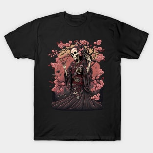 Skeletal Beauty A Lady in Kimono amidst Cherry Blossoms T-Shirt